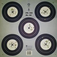 Personal best as of 3/7/12:  Scored 298/38x out of a possible 300/60x. 
 
[NFAA Indoor Round 20yds] 
60 arrows, 3 games.  Each game consists of 4 ends of 5 arrows per end.   
 
X & White = 5pts, blue...