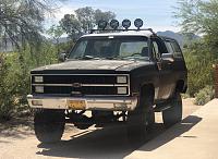 '81 Chevy K5 Blazer with Silverado package, 6" suspension lift, 36" Good Year Wrangler R/T tires on 16.5" steel spoke wheels, GM crate 350, rebuilt TH350/NP308.